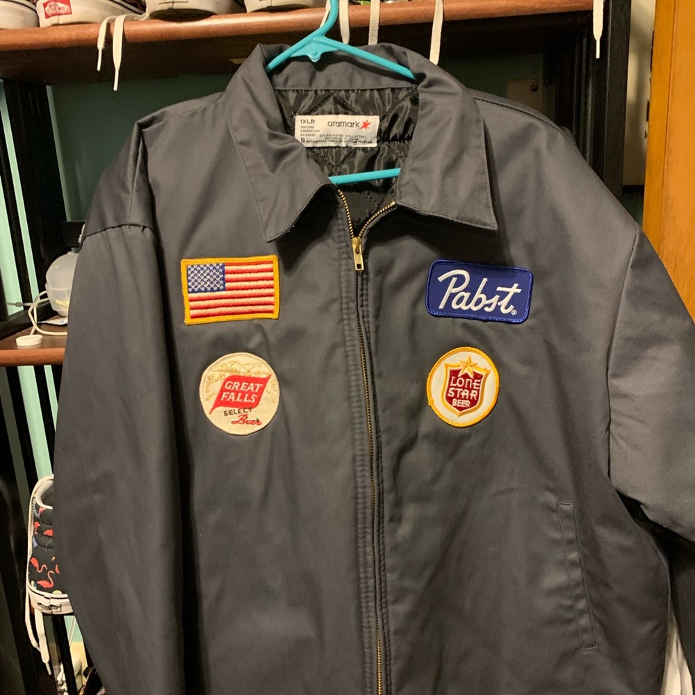 New washed  once Jacket with some cool vintage beer patches